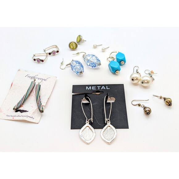 Lot of Nine Pair of Silver Tone Dangle, Post, Hoop Earrings - Picture 1 of 8